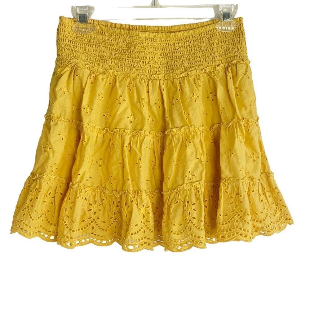American Eagle Outfitters Womens Eyelet Smocked Waist Mini Skirt Yellow Sz Small - Picture 2 of 14